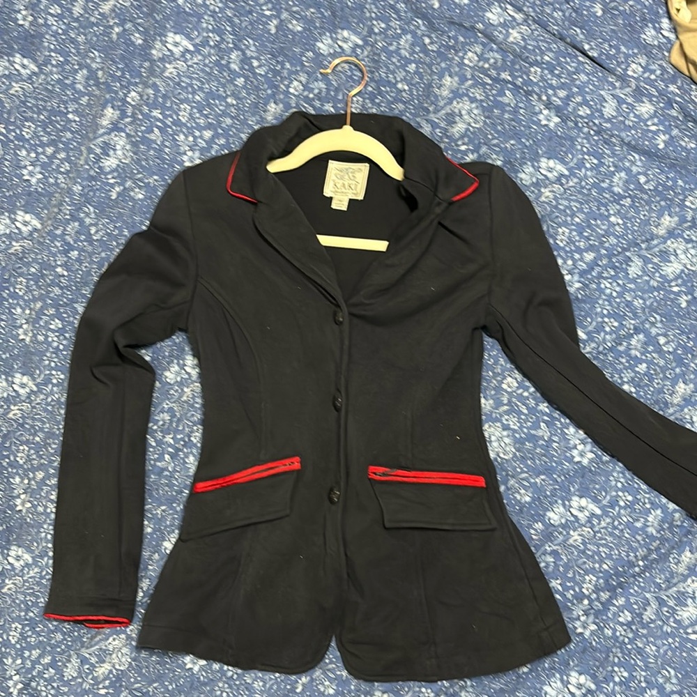 Navy show coat with red trim. Girls 14 women’s xs